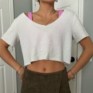 White Cropped Waffle Tee
